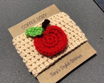 Crochet cozy with apple, apple coffee cozy/sleeve, cup cozy, teacher gift
