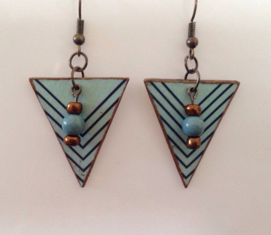 Aqua & Navy Triangular Upcycled Cardboard Earrings