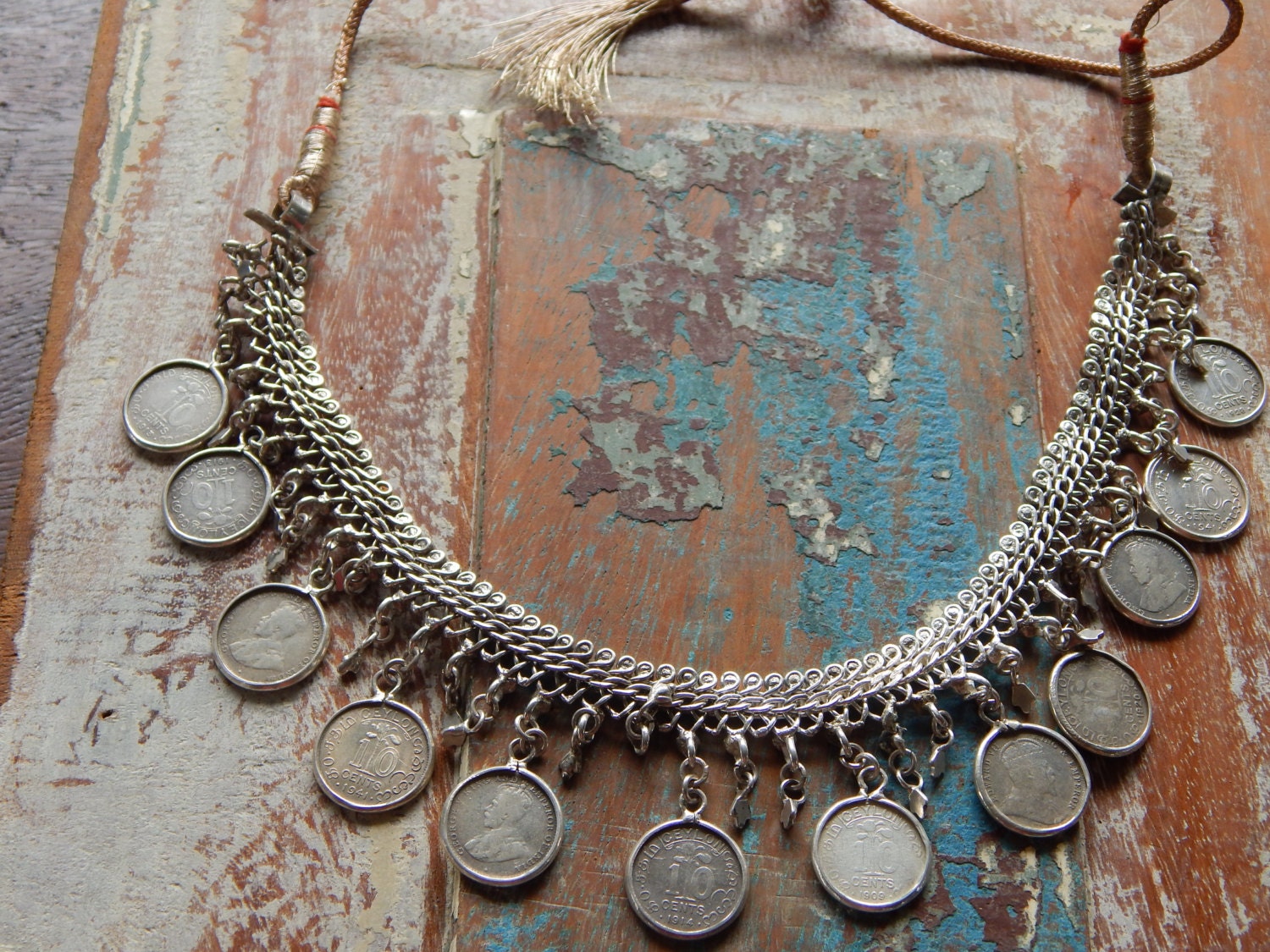 Chain made of Old Silver Sri Lankan 10 cent coins by Srimanitara