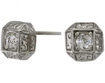 Diamond Stud Earrings Featuring An Art Deco Earrings Design In 14k White Gold