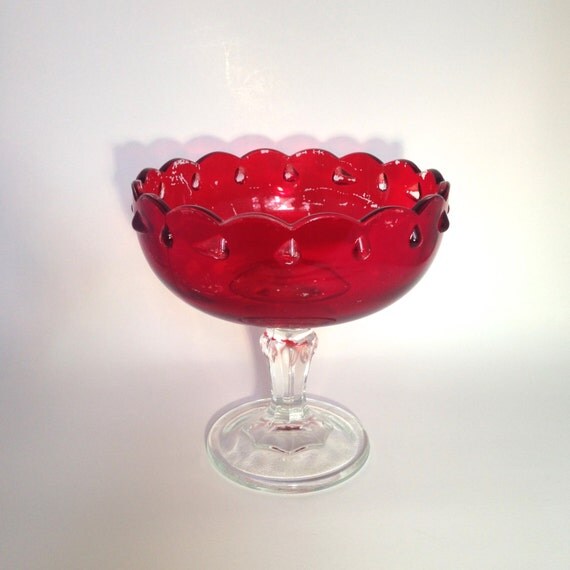 Vintage Large Red & Clear Glass Pedestal Candy by SunflowerBend