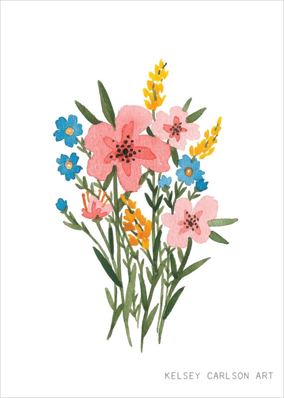 Illustrated Wildflower Bouquet Watercolor Art by KelseyCarlsonArt