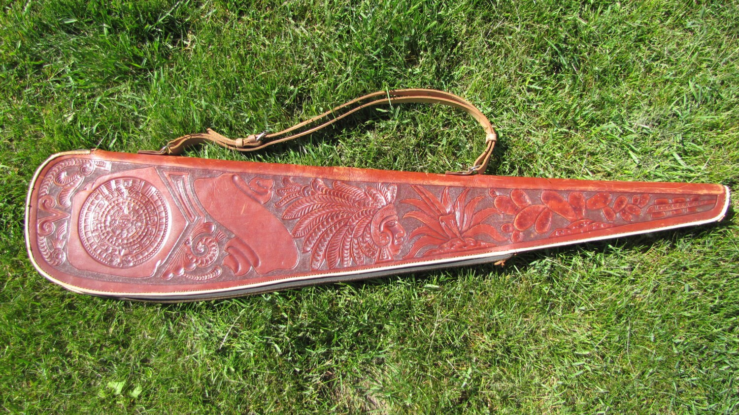 Mexican Hand-Tooled Leather Rifle Case with Aztec by lionorfox