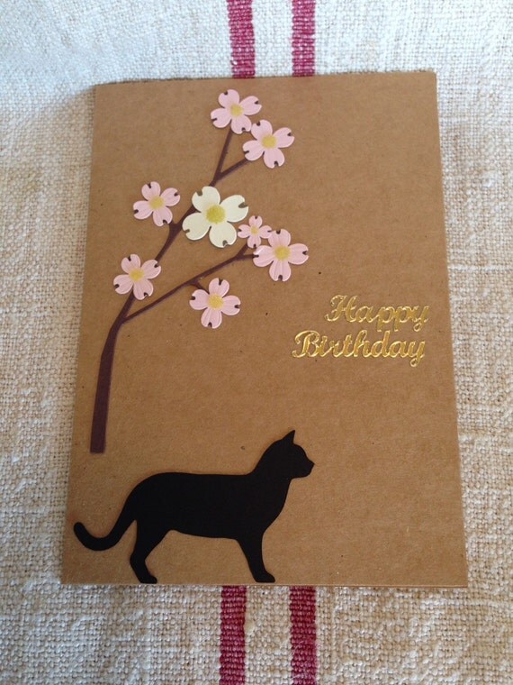 Black cat Happy Birthday greeting card. Lined by RedBarnAustralia