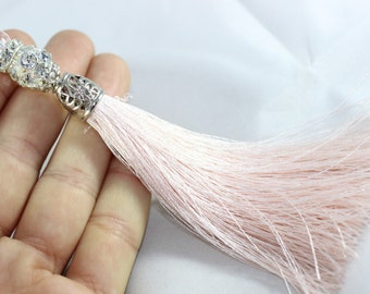 5 Pcs Light Pink Silky Thread Tassel, Beaded Tassel Necklace, 130 mm Tassel Pendants with Swarovski Stones