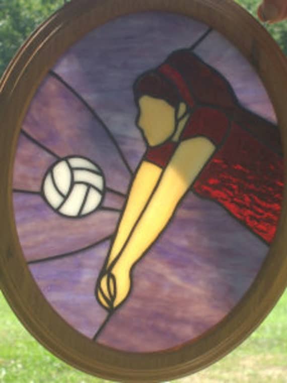 Volleyball stained glass girl oval frame
