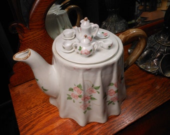 Whimsical Hand Painted Porcelain Teapot with Miniature Tea Service on Top and Pink Flower Pattern - Cottage and Shabby Chic Decor