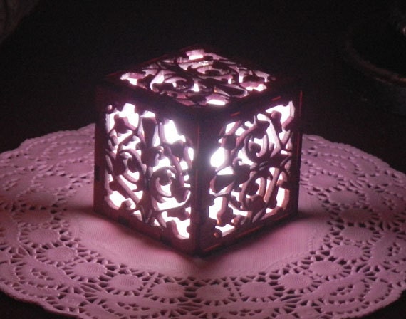 Pink Light Cube with Ultra Bright LED Tea Light in Laser Cut Wood Mini Lantern