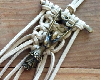 Bronze Tibetan Woman Pendant on Fringe Macrame Necklace