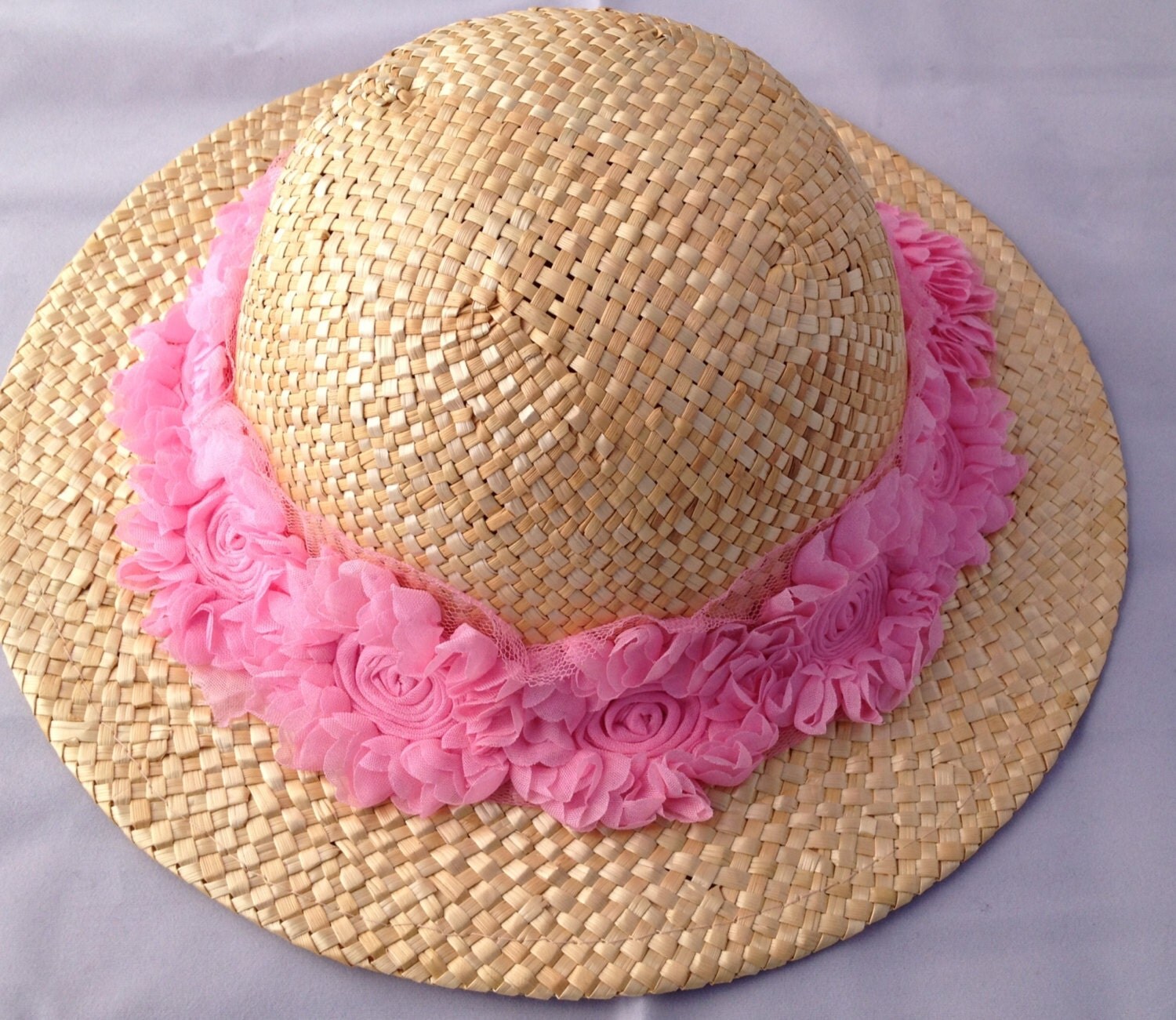 Straw Sun Hat with pink floral band by LewisNLolaHats on Etsy