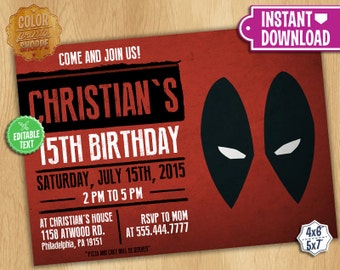 Deadpool Invitation - EDITABLE TEXT - Customizable Superheroes Printable Birthday Party Invite Deadpool Superheroes - Instant Download