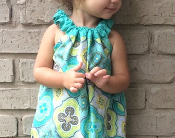 Pillowcase Dress, Toddler Dress, Teal Dress, Flower Dress, Applique Dress, Girls Dress, Girls Teal Dress