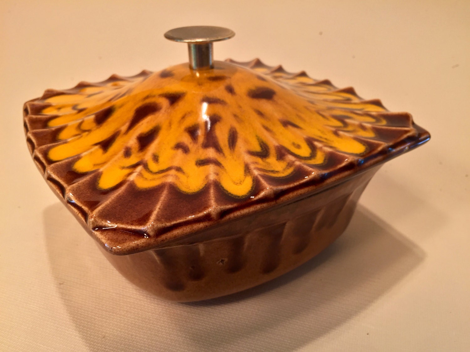 Vintage USA Pottery California Yellow/Brown Bowl Drip Glaze with Lid