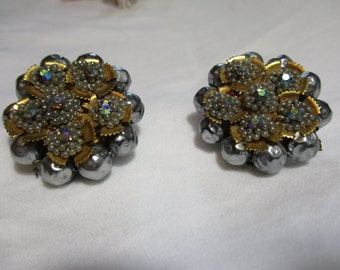 Art Deco Vintage Beaded Earrings Powder Blue and Gold