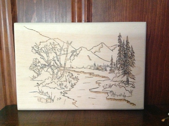 Items similar to Mountain Landscape - Handmade Wood Burning Pyrography ...