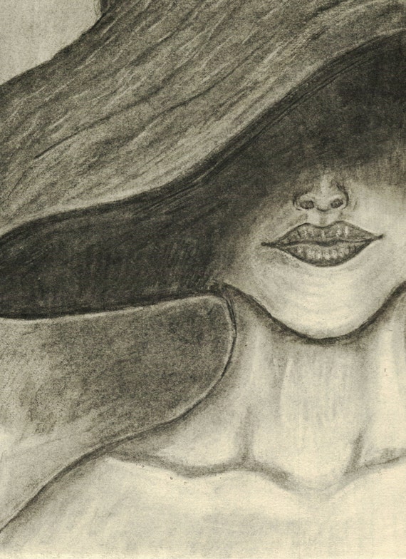 Mysterious Woman Wearing a Hat art print Charcoal Original