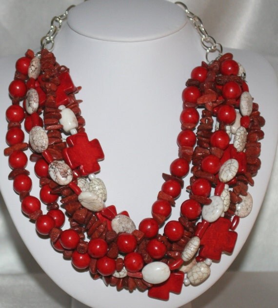 Red Sponge Coral Statement Necklace Red Magnesite Cross Bead