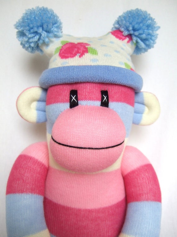 Cute Pink and Blue Stripe Sock Monkey