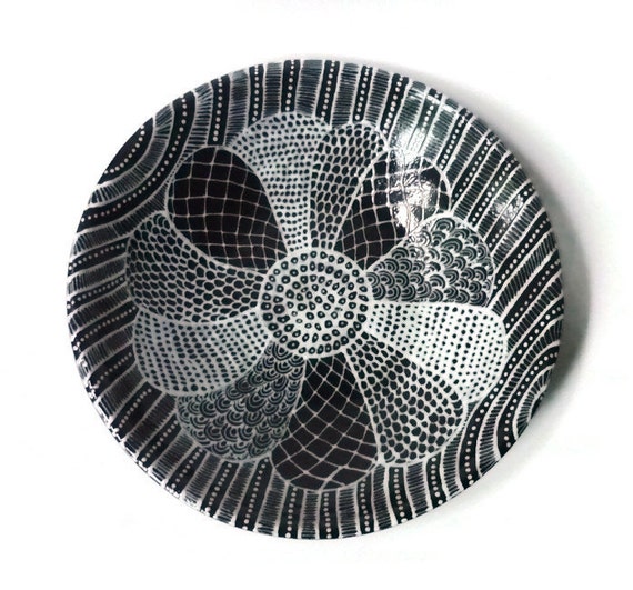 Large Black and White Serving Bowl with Doodle Design