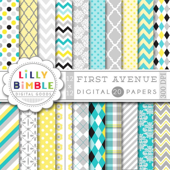 DIGITAL PAPER IN turquoise gray yellow and black scrapbook paper chevron, damask, quatrefoil, polka dots Il_570xn