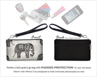 Elephant Cell Phone Wallet Wristlet Purse fits iPhone 6 Padded Zipper Clutch Bag, paisley gray black RTS