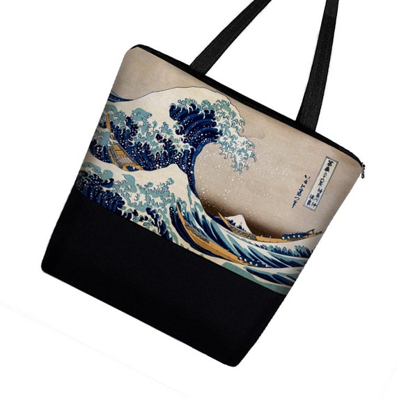 Large Tote Bag with Pockets, Wave Hokusai, Handmade Japanese Art Bag ...