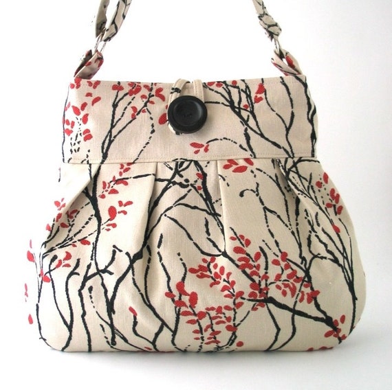 ... Cherry blossom bag, fabric handbag, beige bag with adjustable handle