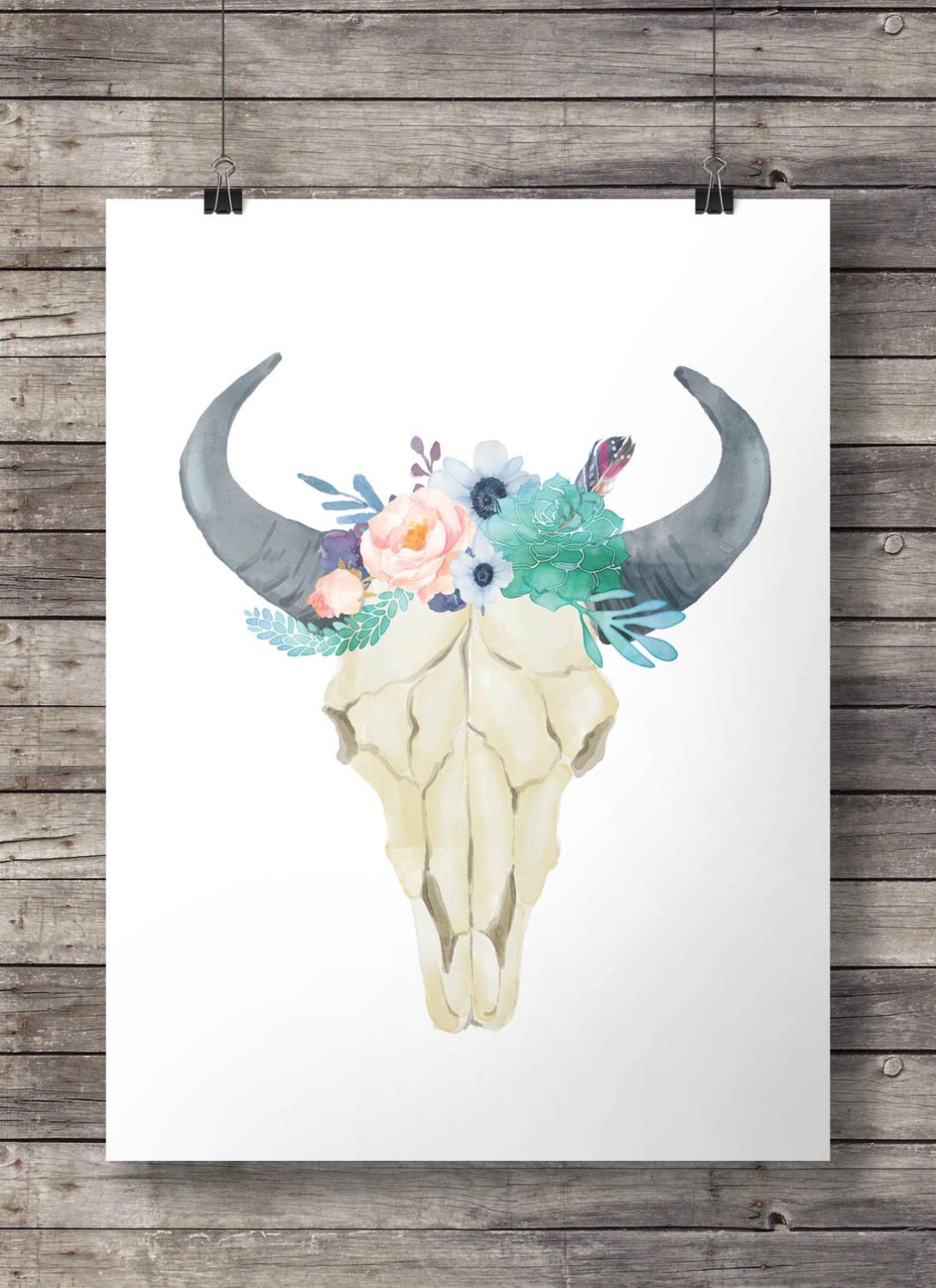 Watercolor succulents and flowers Bull Cow Skull Printable