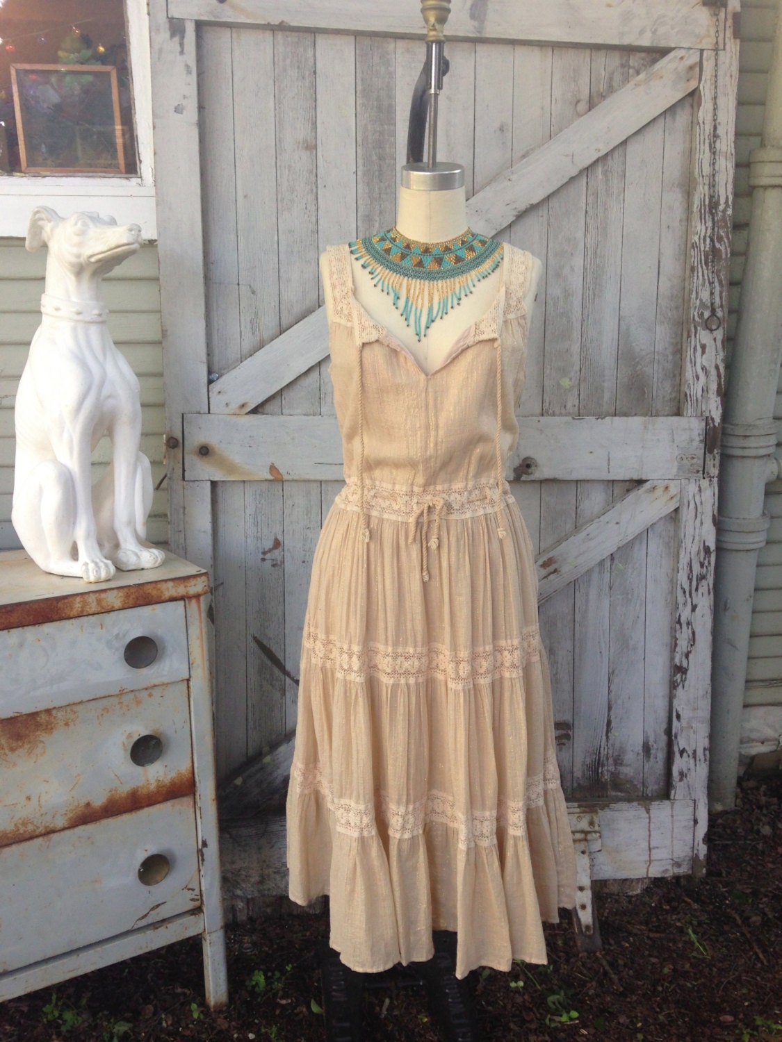 Beige cotton sundress Sleeveless peasant dress size medium