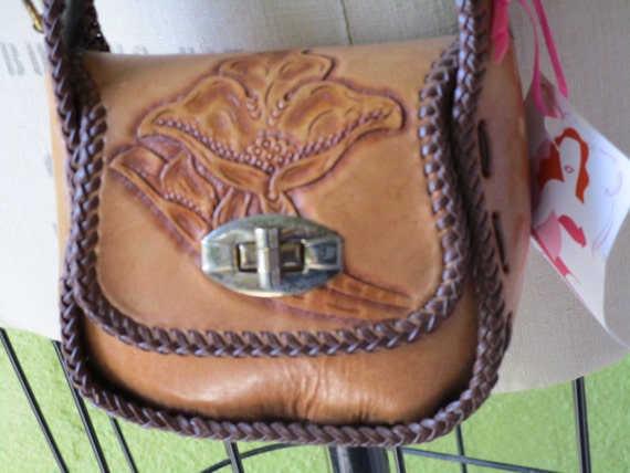 Tiny Tooled Leather Crossbody Purse Bag Vintage 1970s 70s