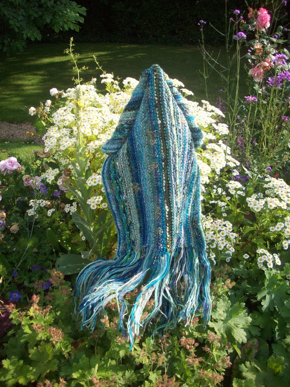 Knitted wedding shawl, aqua, summer wrap, long wide scarf, warm cosy stole CIJ by SpinningStreak
