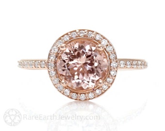 10K Rose Gold Morganite & Diamond 3 Stone Engagement Ring - Swirl Halo Bridal Ring Size 7 - View #4