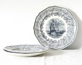 Antique White and Black Nautical Transferware Staffordshire China Plates Neptune J and G Alcock Set of 3