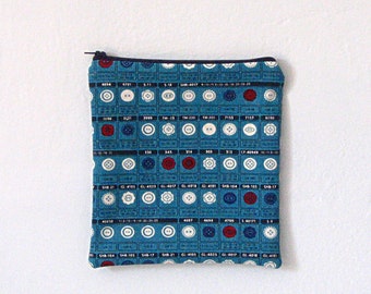 Blue Canvas Button Print Zipper Bag / Pouch / Clutch/ Cosmetic Bag