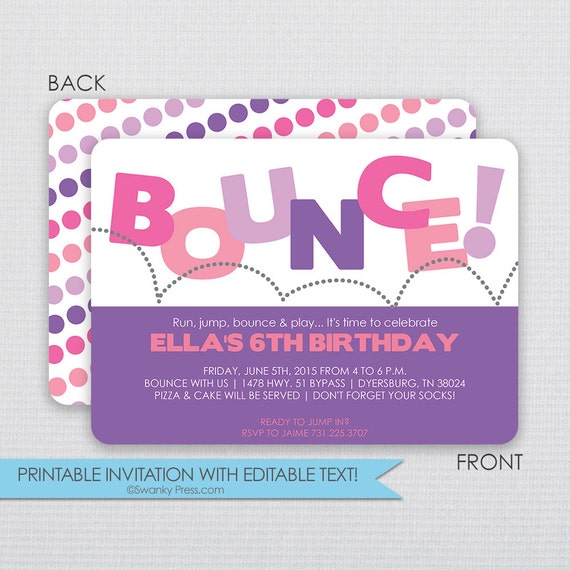 Bounce Birthday Party Invitation 2 Sided Instant Download Editable File Personalize At Sided Invitations Templates