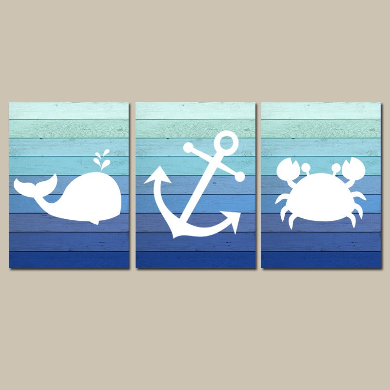 Nautical Wall Art CANVAS or Prints Whale Anchor Crab Blue