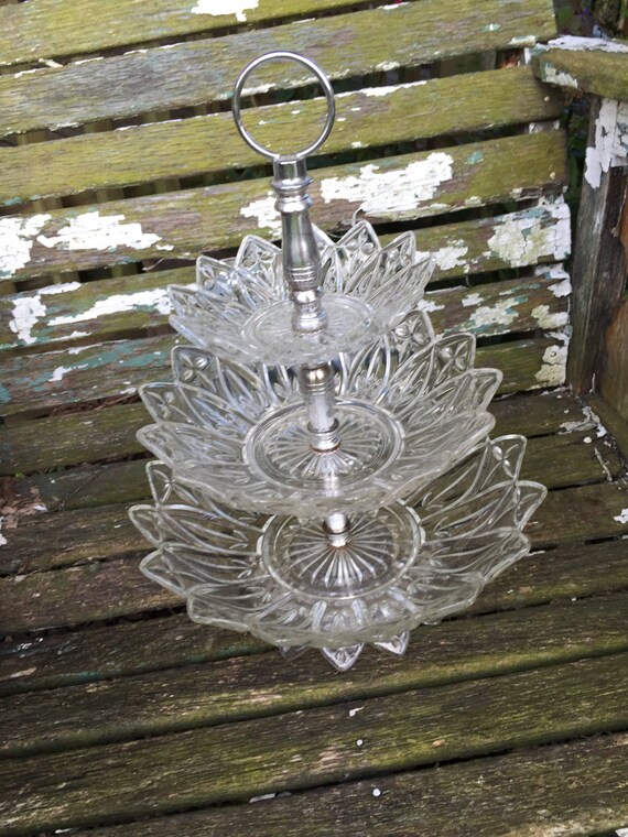 Vintage Glass and Silver 3 Tiered Serving Tray
