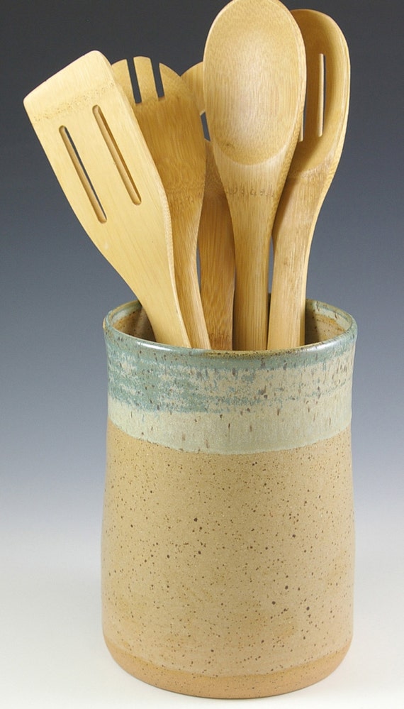 Ceramic Kitchen Utensil Holder, Tool Holder Clay Crock, Farmhouse Pottery, Handmade Stoneware
