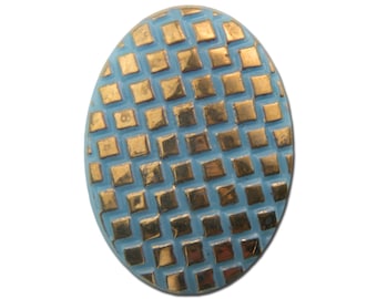 Vintage Light Blue Glass Cabochon with Checkered Gold Top 25x18mm (1) cab322B