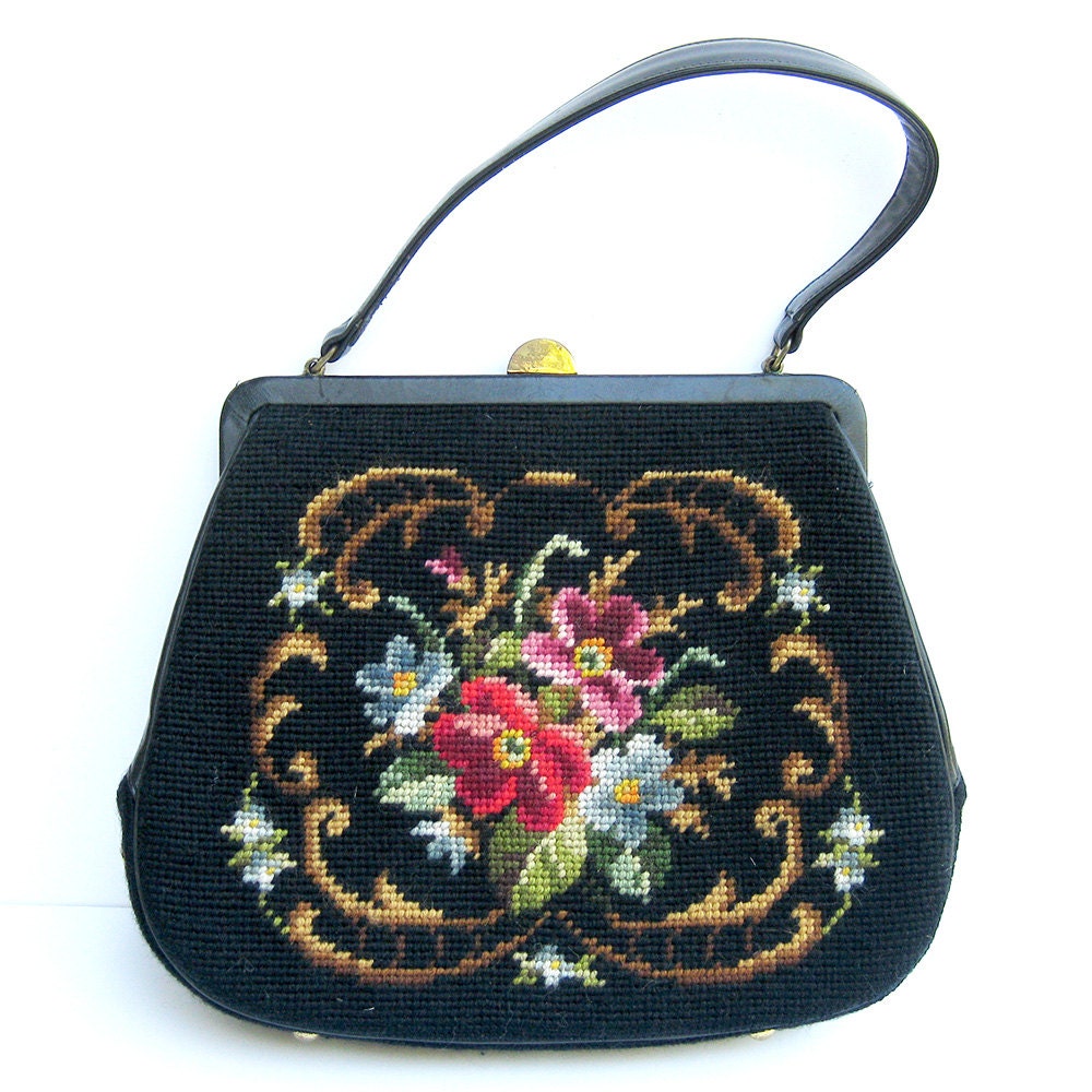 Vintage Black Floral Needlepoint Purse Handbag Tapestry Bag
