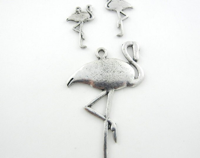 Set of Flamingo Pendant and Charms Antique Silver-tone