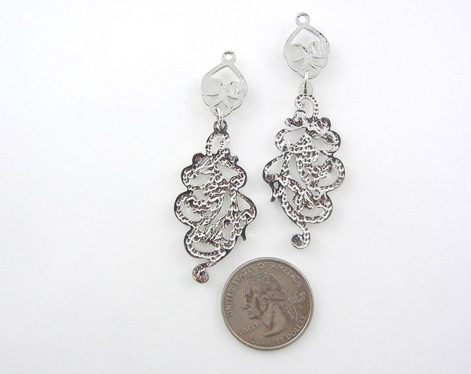 Pair of Silver-tone Curly Drop Charms Rhinestones
