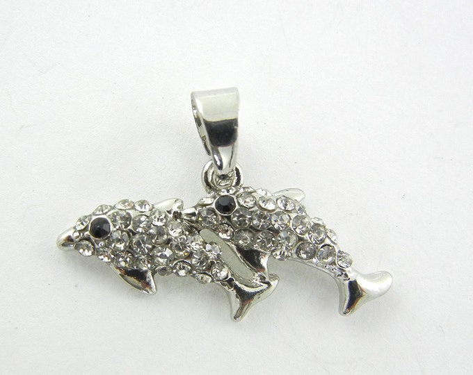 Small Siver-tone Rhinestone Double Dolphin Pendant