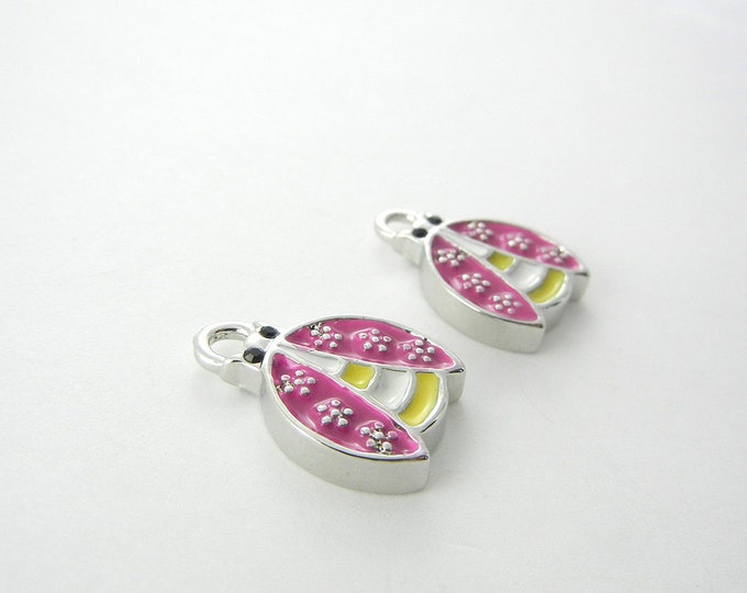 Ladybug Charms Pair of Small Double Sided Pink and Magenta