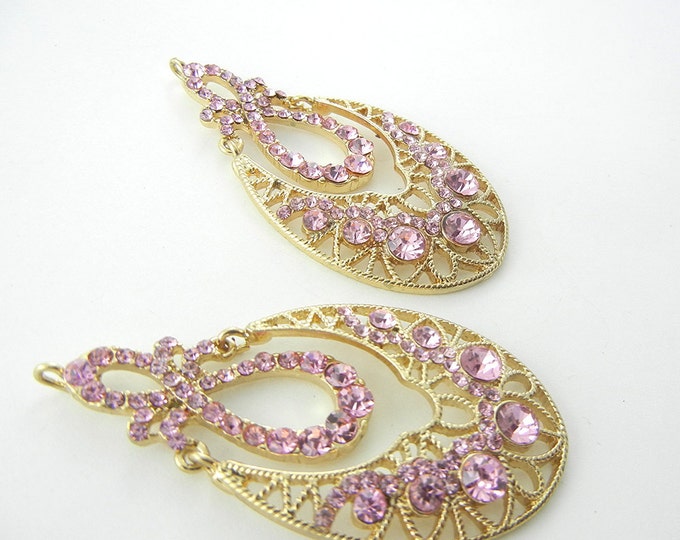 Pair of Chandelier Filigree Pink Rhinestone Gold-tone Drop Charms