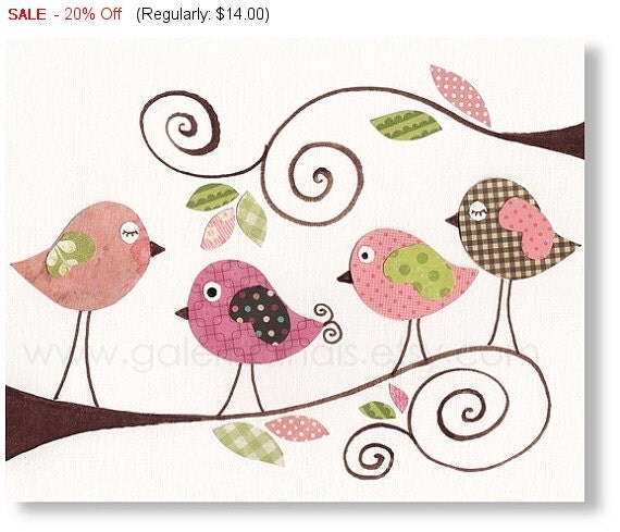 birds nursery Pink Nursery art prints - baby nursery decor - nursery art - children print - baby art Gossip Birds print by GalerieAnais