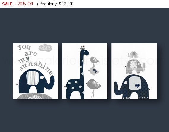 Gray navy Nursery print childrens art baby boy nursery decor kids art elephant nursery birds giraffe Set of 3 prints You are My Sunshine by GalerieAnais