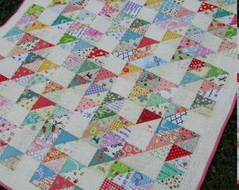 Scrappy Half Square Triangle Baby Girl, Toddler, Crib Quilt - Designer Prints