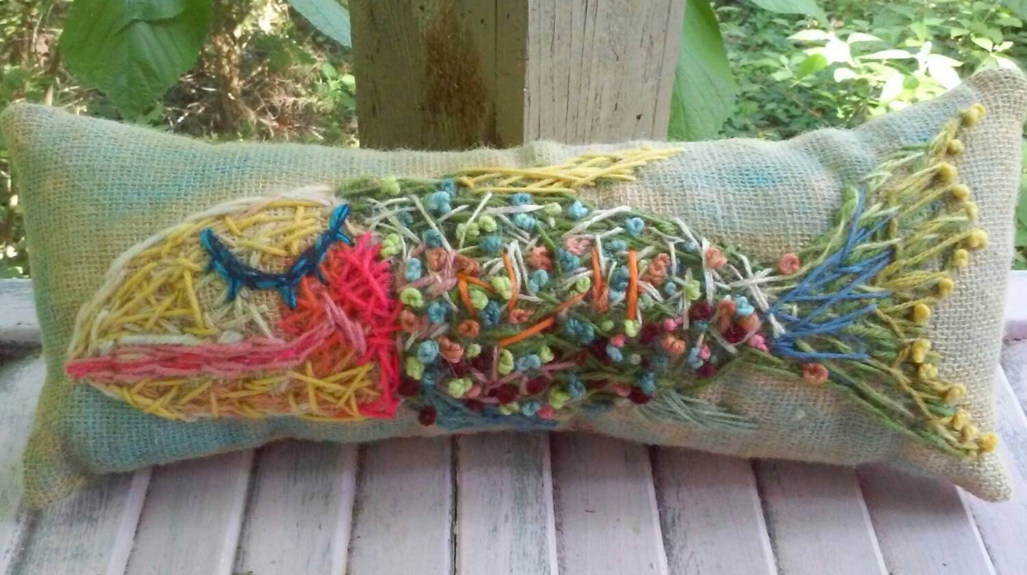 Funky Fish Hand Embroidered Pillow Ready to Ship