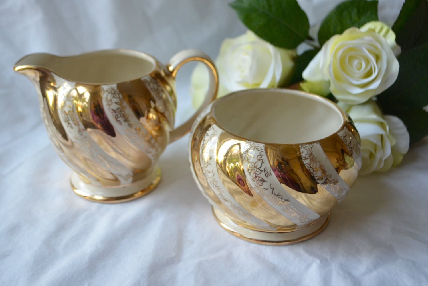 ON SALE Sadler Gold Swirl Silver Cream and Sugar Vintage Set